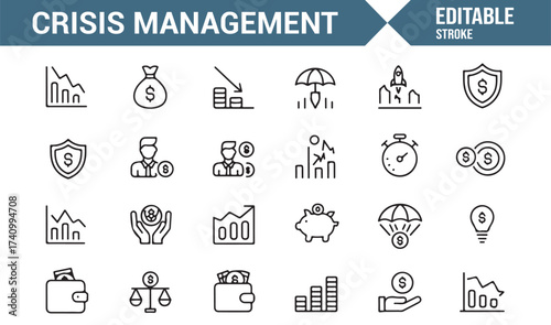 Vector pack of crisis management symbols for risk control and recovery themes