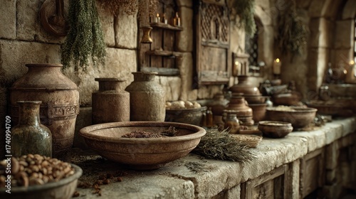 Rustic apothecary still life with vintage pottery and dried herbs on stone counter