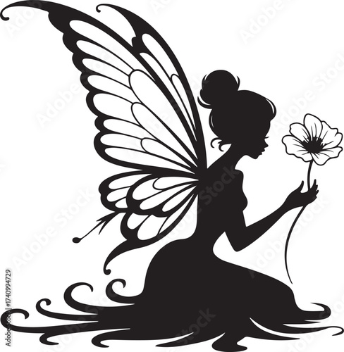 Elegant fairy with flower in magical silhouette art