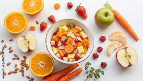 Healthy breakfast setup with a bowl of fruit salad surrounded by whole fruits and vegetables, on a bright white background.
