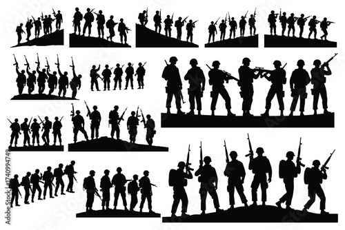 Silhouette groups of soldiers with rifles on white background