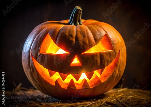 A menacingly carved halloween jackolantern pumpkin with a fierce expression glows brightly with inner light