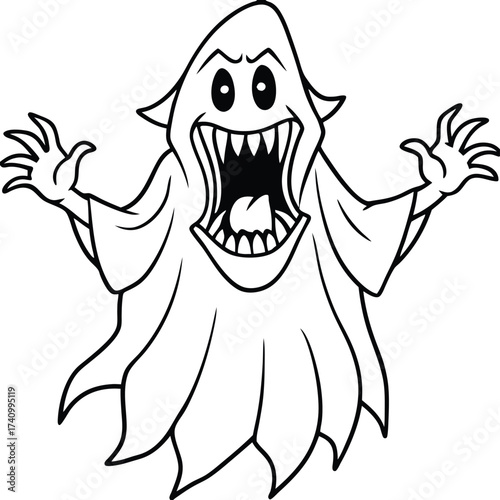 Scary cartoon ghost with wide open mouth and sharp teeth spooky halloween character illustration