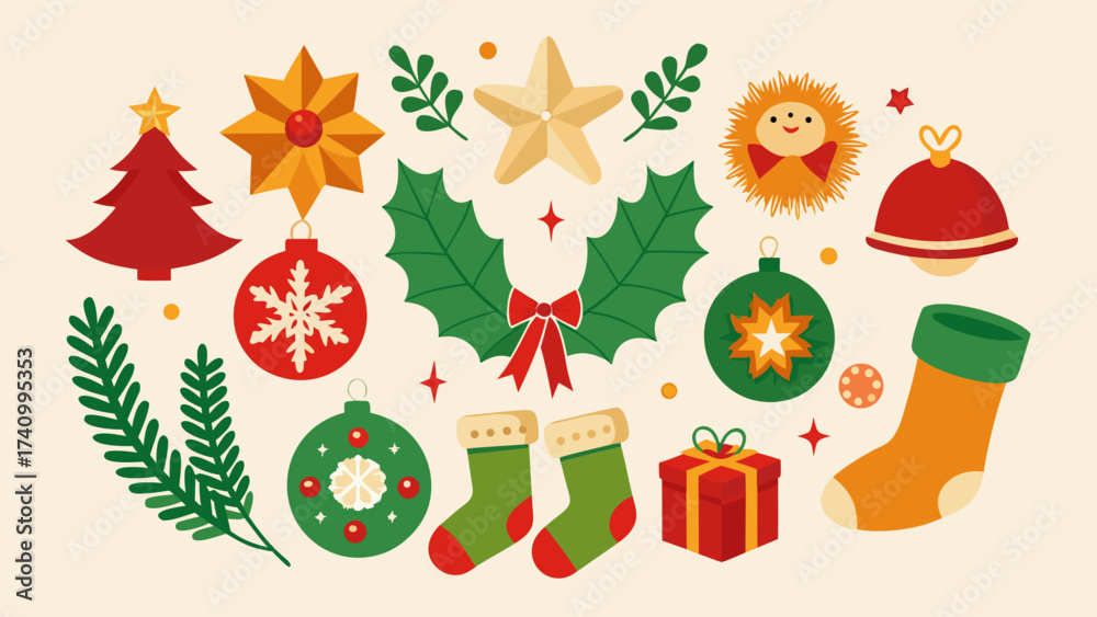 Naklejka premium Vector art of whimsical christmas ornaments and decorations a playful collection of holiday elements for your creative designs
