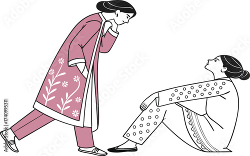 Two women in traditional attire sharing a moment of contemplation and connection in a simple line art illustration