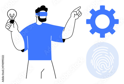 Man wearing VR headset holding a lightbulb while pointing at a cogwheel and fingerprint graphics. Ideal for innovation, technology, virtual reality, creativity, identity, futuristic design, simple