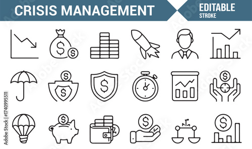 Linear financial crisis icons with shield, chart, and piggy bank symbols