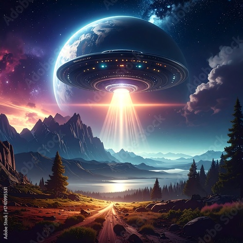 A spacecraft shines a beam as it hovers over a mountain landscape