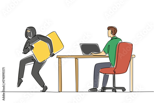 Single one line drawing man typing on laptop and thief taking large credit card. Weak security level. Easy to hack. National Senior Fraud Awareness Day. Continuous line design graphic illustration
