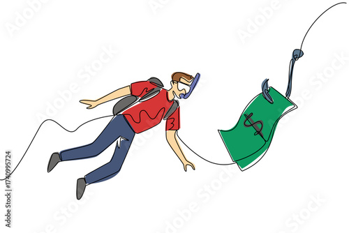 Single continuous line drawing man swimming diving and chasing a hook with dollar bills attached. Tempted by instant methods. National Senior Fraud Awareness Day. One line design vector illustration