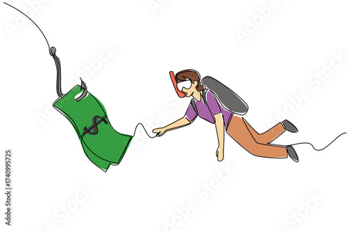 Single one line drawing woman swimming diving and chasing a hook with dollar bills attached. Wrong investment. Loss. National Senior Fraud Awareness Day. Continuous line design graphic illustration