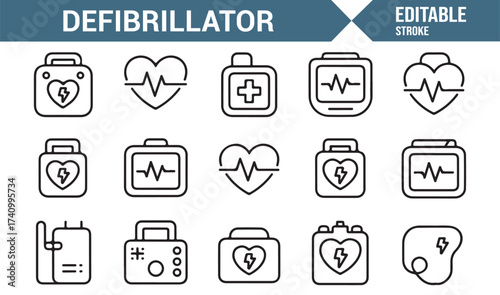 Emergency healthcare icon set including defibrillator, heart, and ECG symbols