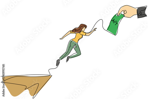 Continuous one line drawing a woman jumps off a cliff trying to reach a big hand holding a dollar bill. Economic trap. National Senior Fraud Awareness Day. Single line draw design vector illustration
