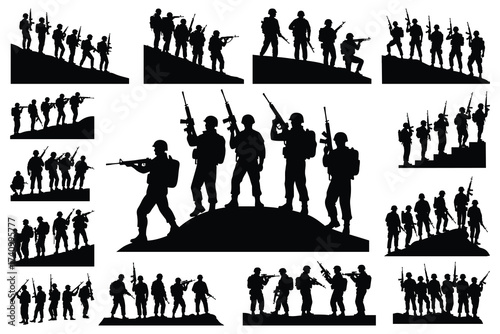 Silhouette soldiers with rifles on hills and stairs