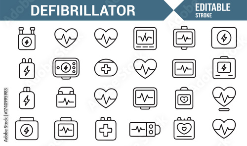 Healthcare vector icon set showing heart monitor and life-saving equipment