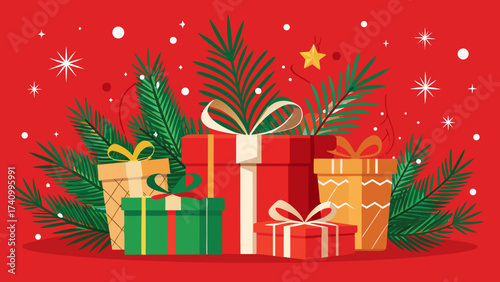 Vector art of a vibrant christmas display showcasing an array of beautifully wrapped gifts, enhanced by verdant foliage and radiant stars, creating a magical ambiance