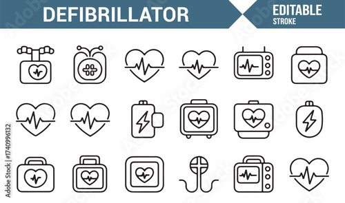 Editable stroke defibrillator vector symbols with heart, pulse, and monitor icons