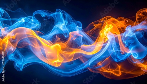 Abstract artwork showcasing a dynamic wave of contrasting colors. The blue and orange hues merge creating a striking visual effect against a dark background