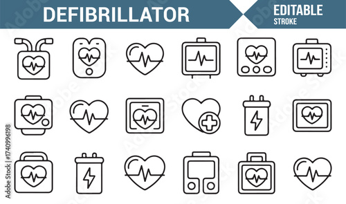 Defibrillator line icons set for healthcare, medical, and emergency concepts