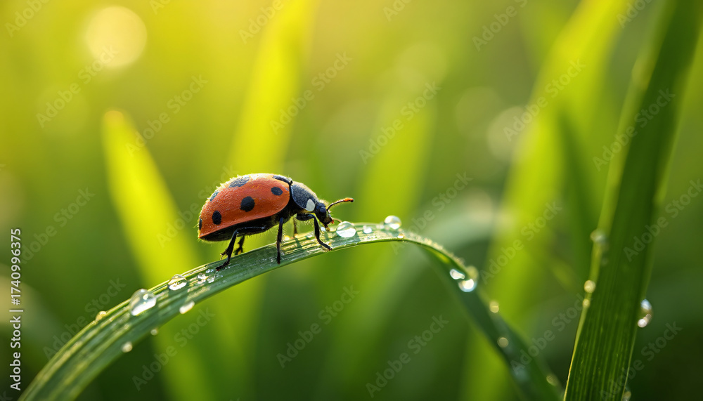 Obraz premium Ladybug on Dewy Grass Blade