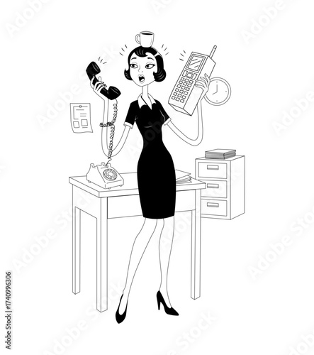 Retro Businesswoman Stressed and Overwhelmed with Multitasking.