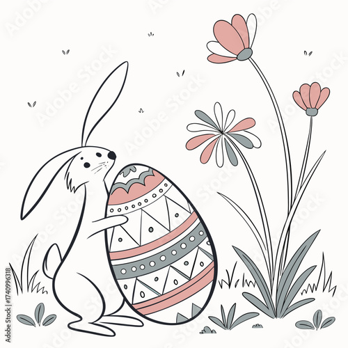 Charming easter bunny with a beautifully decorated egg in a field of delicate wildflowers and green grass