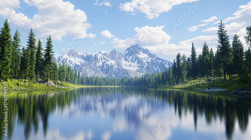 Serene landscape featuring tranquil lake surrounded by lush green trees and majestic mountains background, reflecting beauty