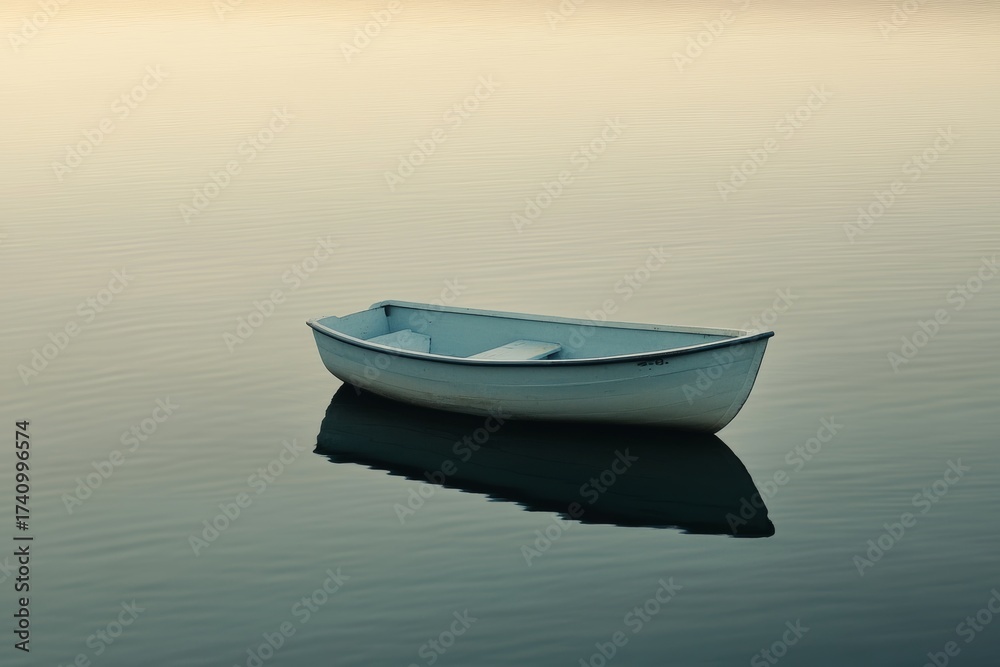 Naklejka premium Solitary rowboat at sunset on calm water reflection