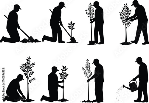 Silhouette figures, tree planting, gardening activity, watering plants, digging soil, environmental care, sustainability, ecology concept, nature, growth, nurture, behavior