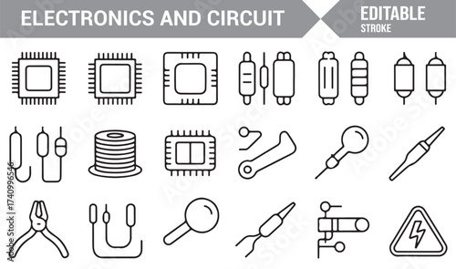 Circuit and electronics outline vector icons for digital and hardware design