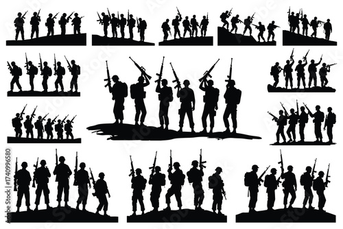 Silhouette soldiers with rifles on white background