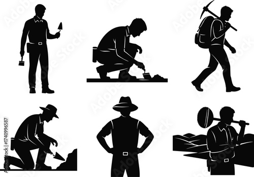 Archaeologist silhouettes, excavation work, digging tools, field exploration, discovery process, ancient history, research figure, backpack explorer, shovel worker, trowel digging, study