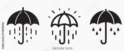Black and white illustration depicting three umbrellas with falling raindrops