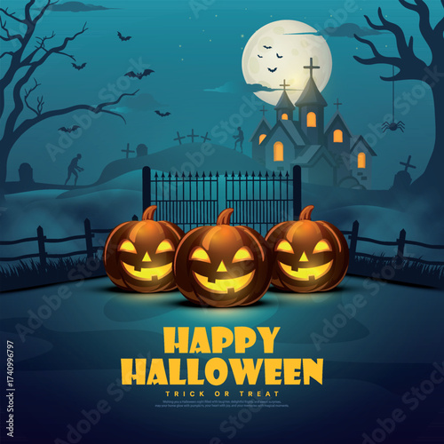 Happy Halloween, trick or treat, pumpkins, hollow’s house, bat flying, banner design on purple background, Eps 10 vector illustration