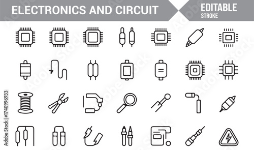 Electronics and circuit line icons set for technology and electrical engineering