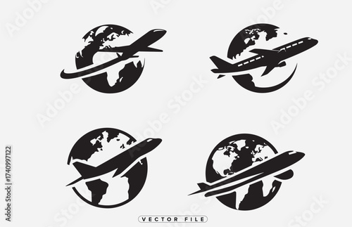 Black and white illustration featuring airplanes flying around the world