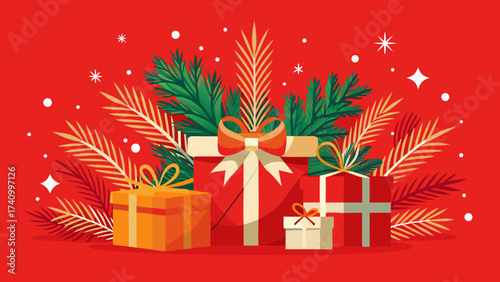 Vector art of festive christmas presents with fir branches and stars on a red background, perfect for holiday greetings and seasonal promotions and celebrations