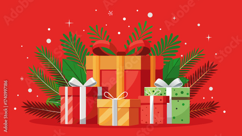 Vector art of festive christmas presents with fir branches and stars on a red background, perfect for holiday greetings and seasonal promotions and celebrations