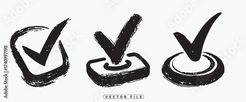 Three black and white checkmarks and tick symbols illustrated with brushstrokes