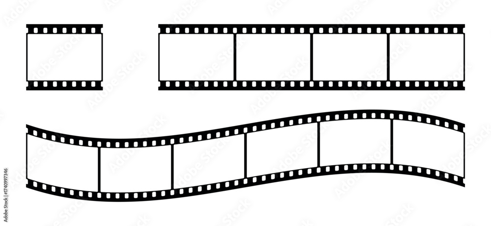 Fototapeta premium Film strip frame and border set. Movie or photo negative in seamless black vector style. Isolated on white background for cinema and photography design.