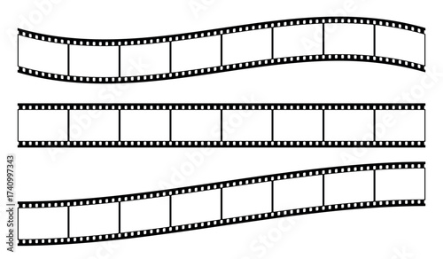 Film strip frame and border set. Movie or photo negative in seamless black vector style. Isolated on white background for cinema and photography design.