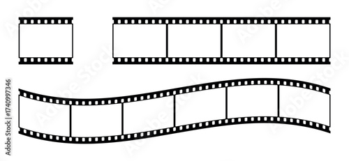 Film strip frame and border set. Movie or photo negative in seamless black vector style. Isolated on white background for cinema and photography design.