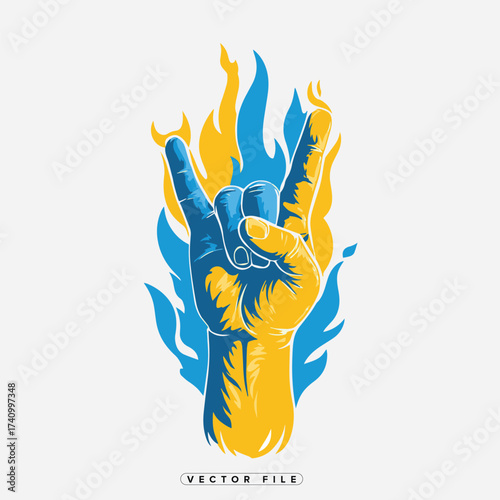 Fiery hand making the rock on sign with vibrant blue and yellow