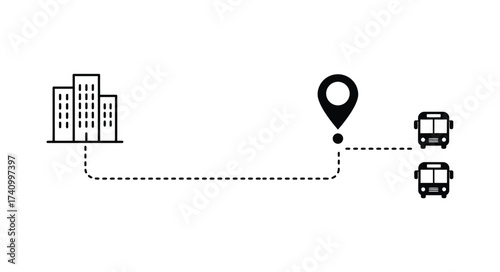 Conceptual iconography of city transit system with buses and location pin showing route connectivity for urban logistics