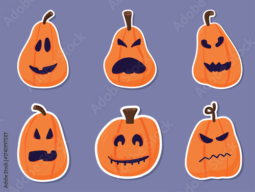 A set of six cute stylized pumpkin stickers with different creepy and funny carved faces. A set of vector illustrations is perfect for Halloween decorations. Vector pumpkin set