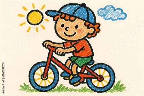 crayon doodle of a child riding a bicycle joyfully, playful naive art