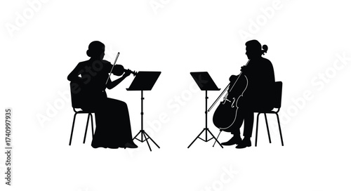 Two silhouette musicians playing classical music instruments together with music stands on