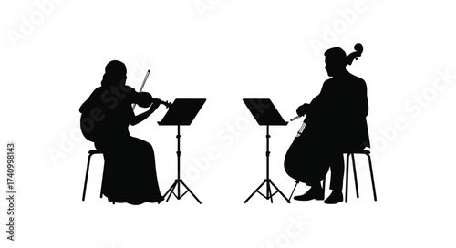 Silhouette duo of musicians performing classical music on violin and cello with sheet music stands