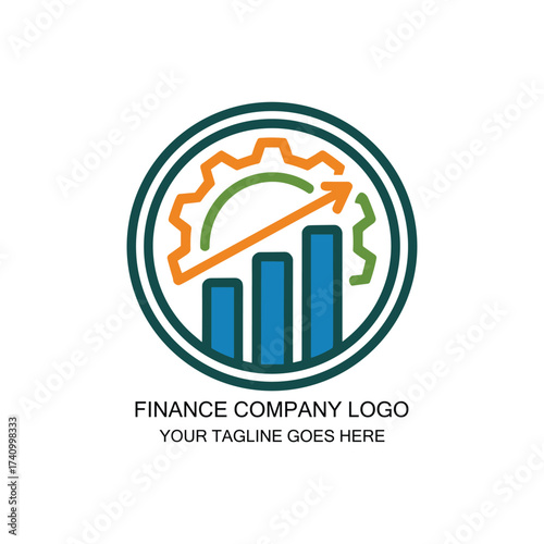Finance Company Logo with Gear, Bar Chart and Growth Arrow