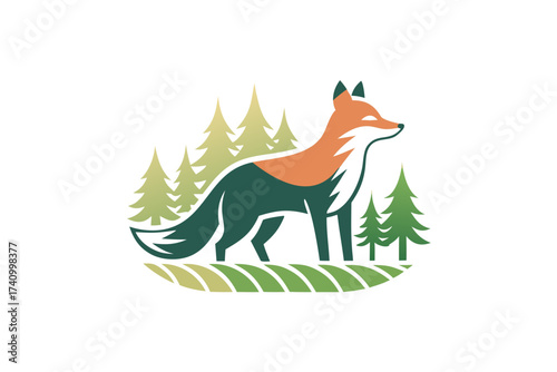Fox silhouette icon on forest floor with simple lines